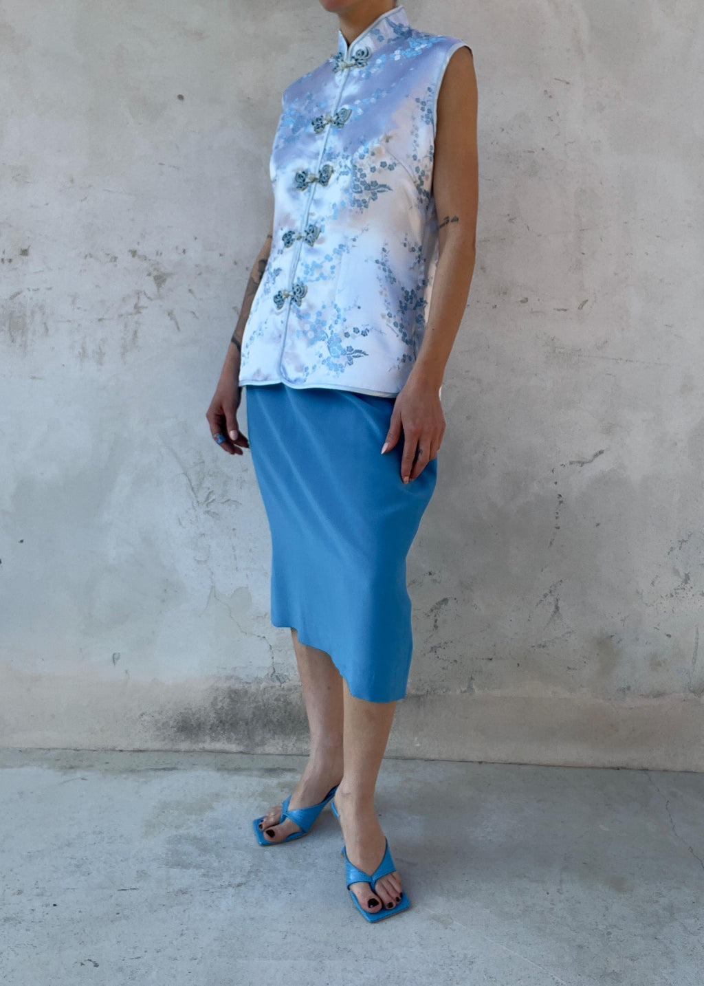 Top Cheongsam Vintage in Misto Seta Azzurro