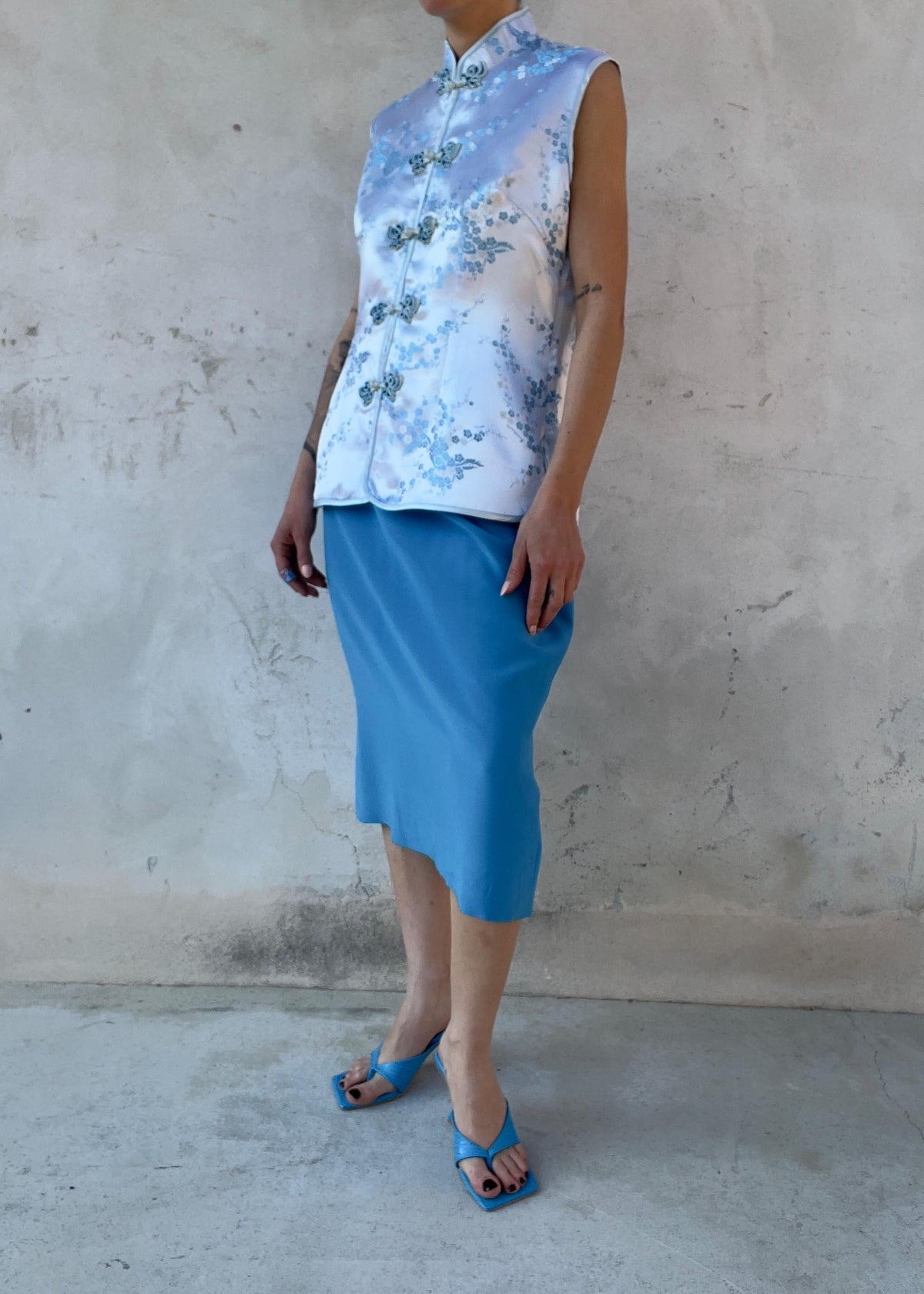 Top Cheongsam Vintage in Misto Seta Azzurro