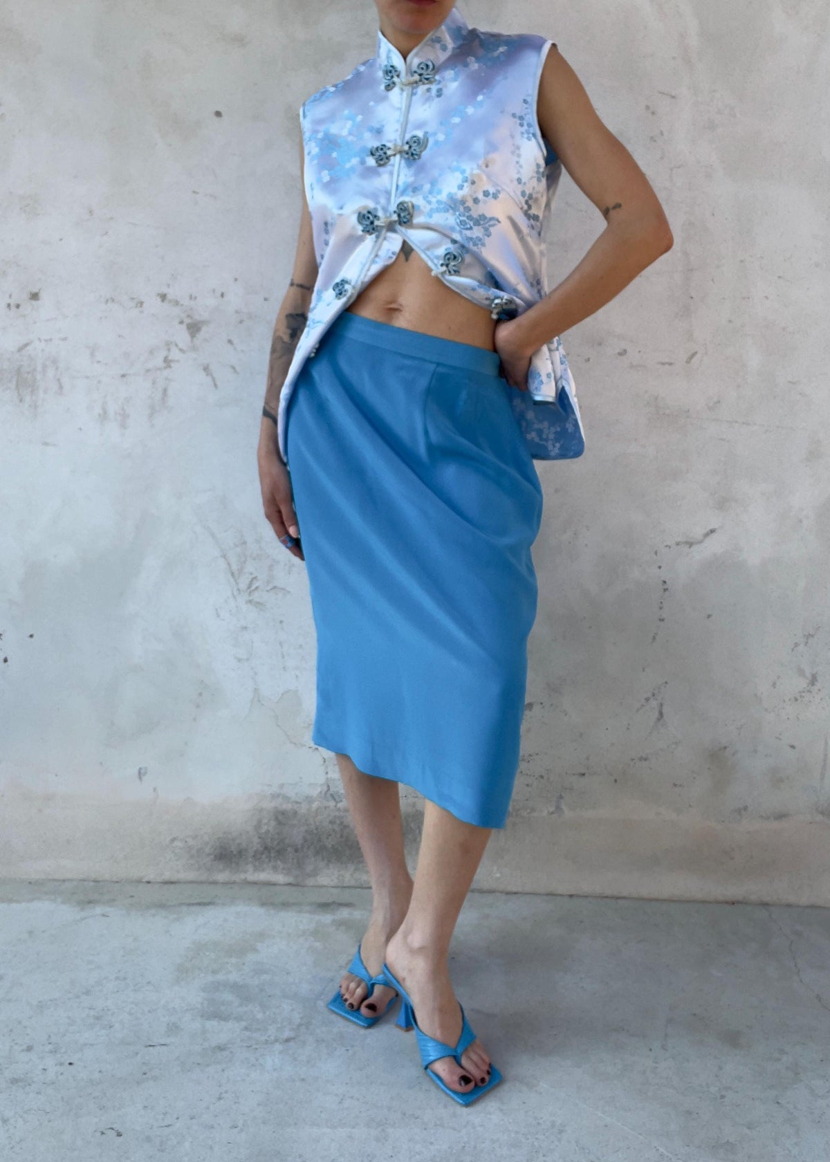 Gonna Midi Vintage 100% Seta Azzurro