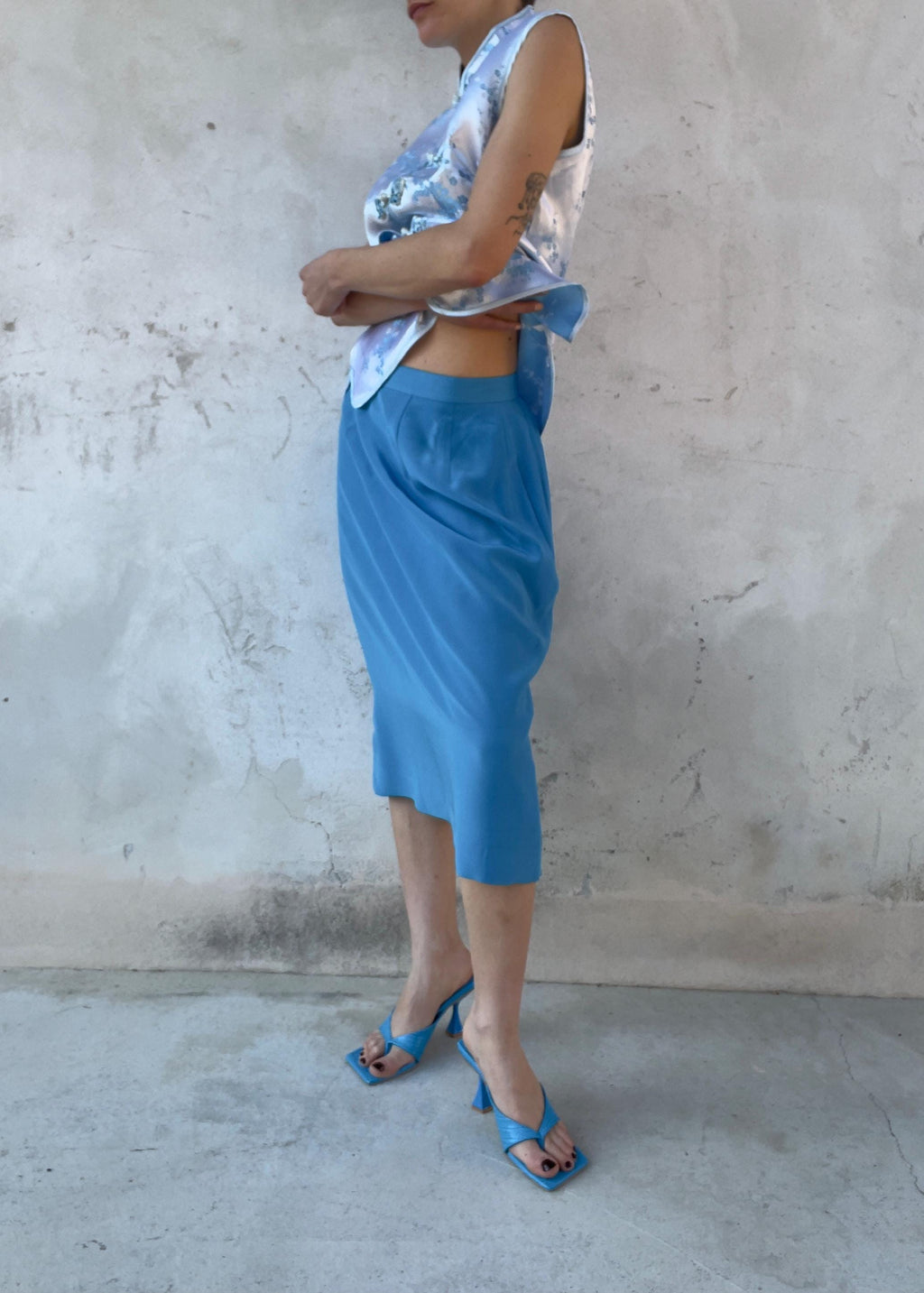 Gonna Midi Vintage 100% Seta Azzurro
