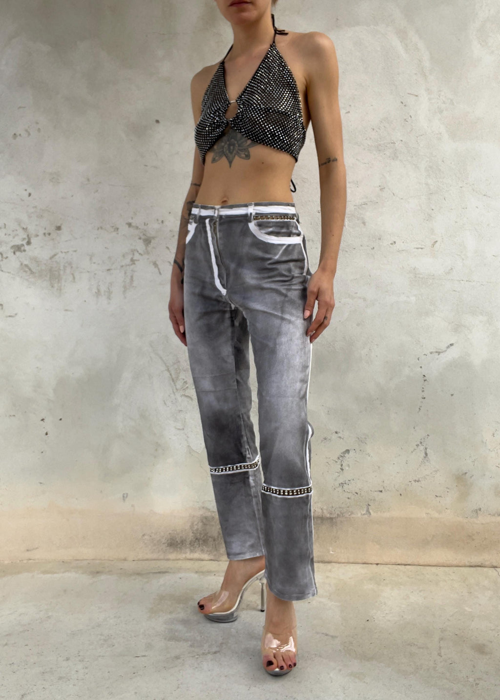 Top Vintage Y2K Crystal Mesh Nero