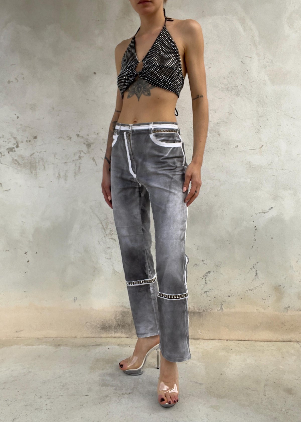 Top Vintage Y2K Crystal Mesh Nero