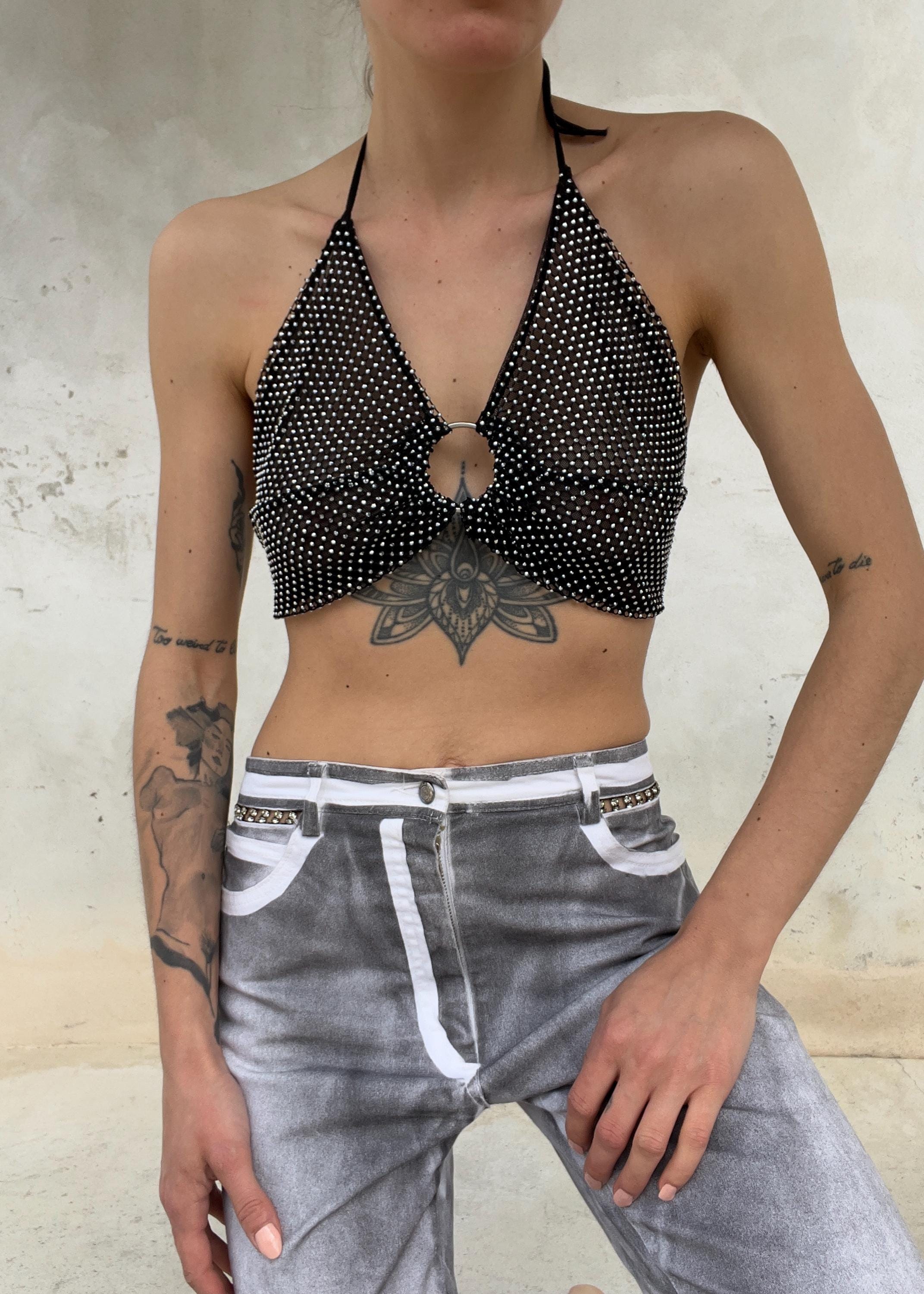 Top Vintage Y2K Crystal Mesh Nero