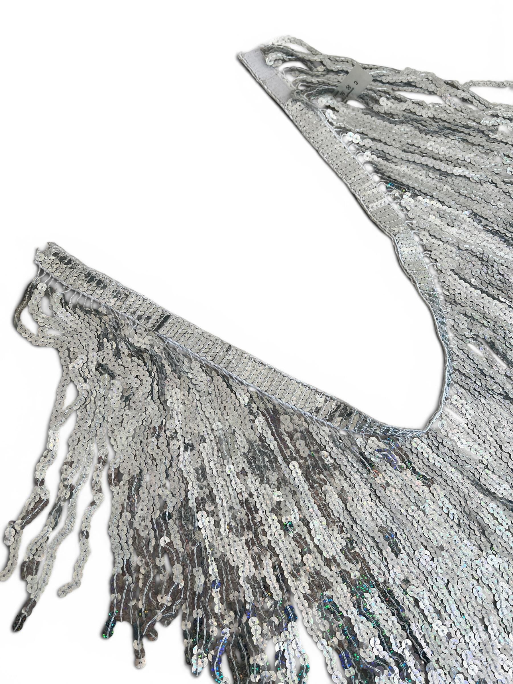 Cintura Vintage Y2K Argento con Paillettes e Frange