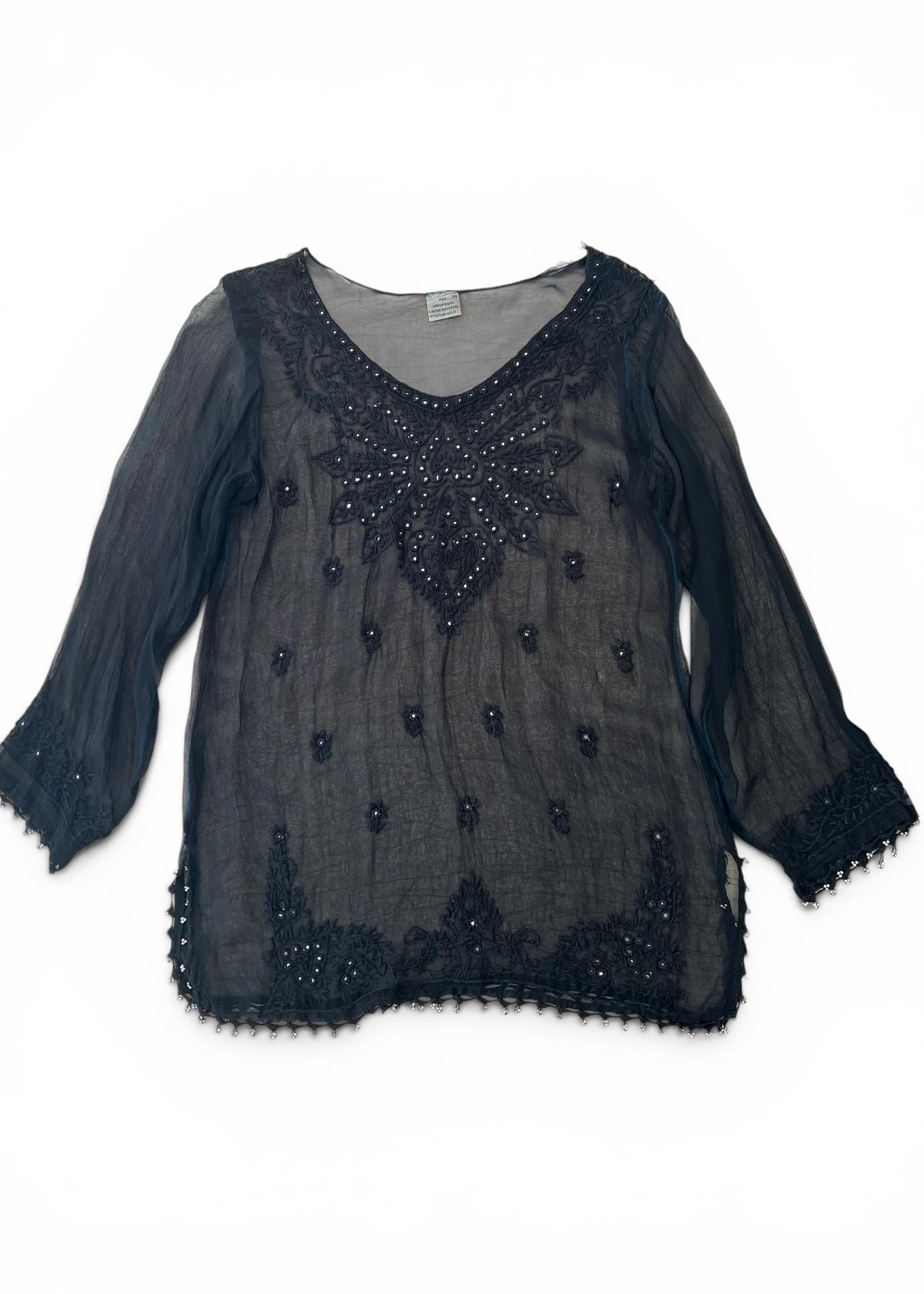Kaftano Vintage Nero Sheer Ricamato con Perline