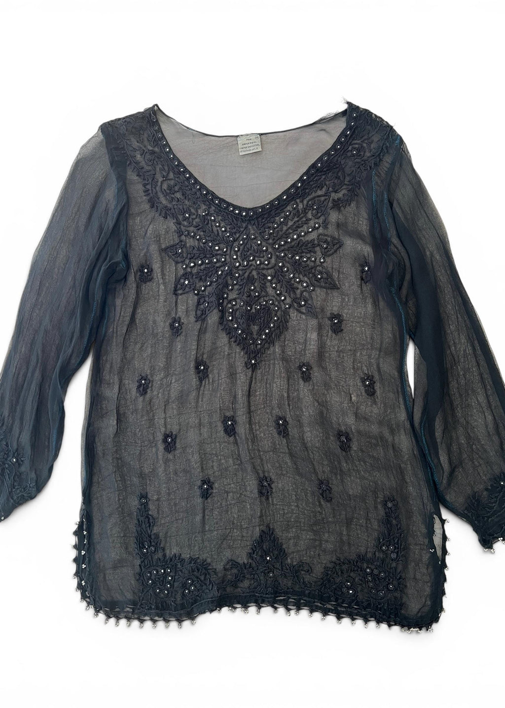 Kaftano Vintage Nero Sheer Ricamato con Perline