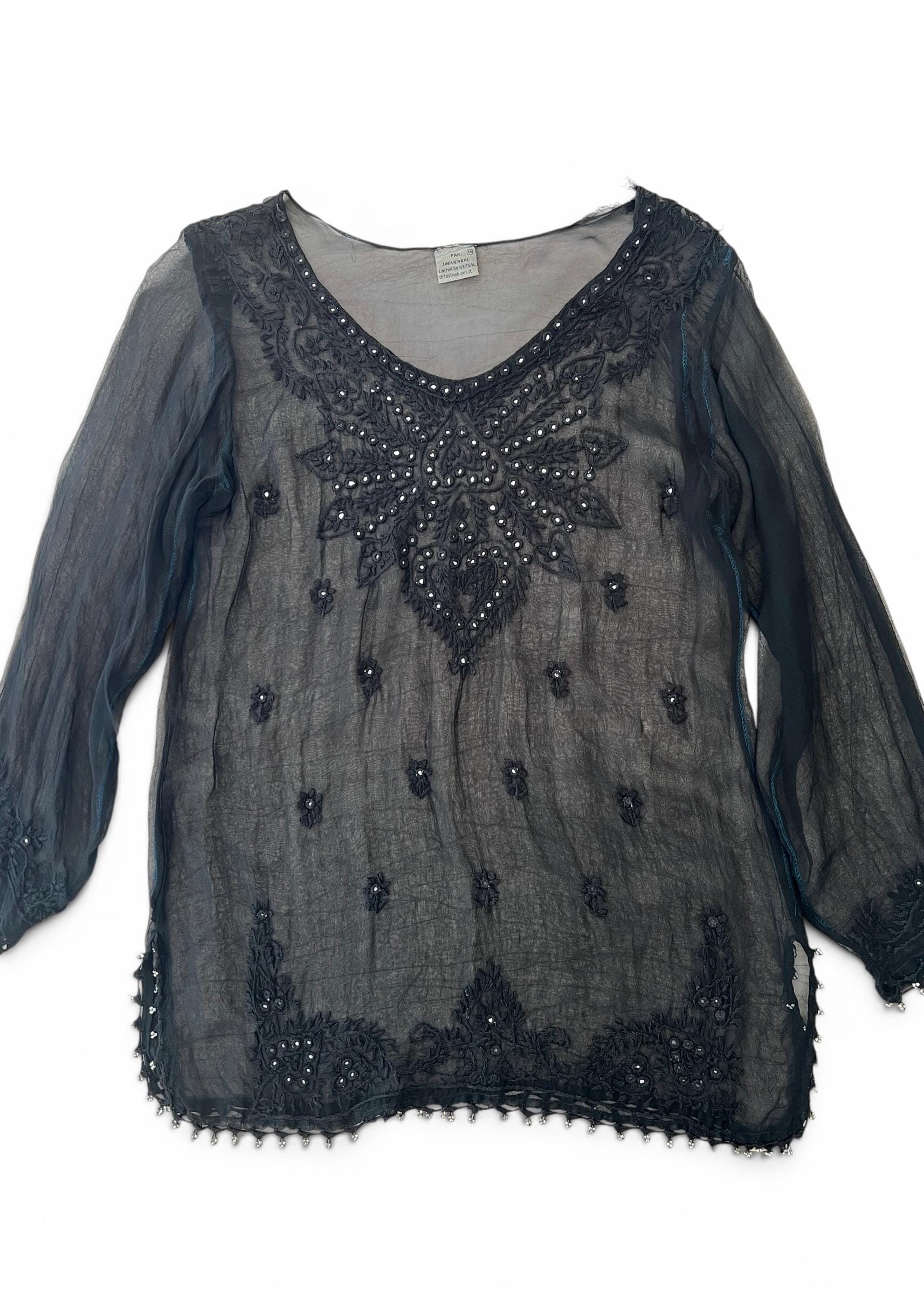 Kaftano Vintage Nero Sheer Ricamato con Perline
