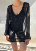 Kaftano Vintage Nero Sheer Ricamato con Perline