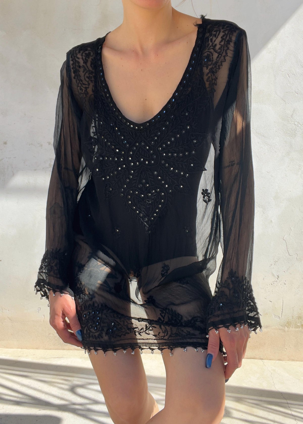 Kaftano Vintage Nero Sheer Ricamato con Perline