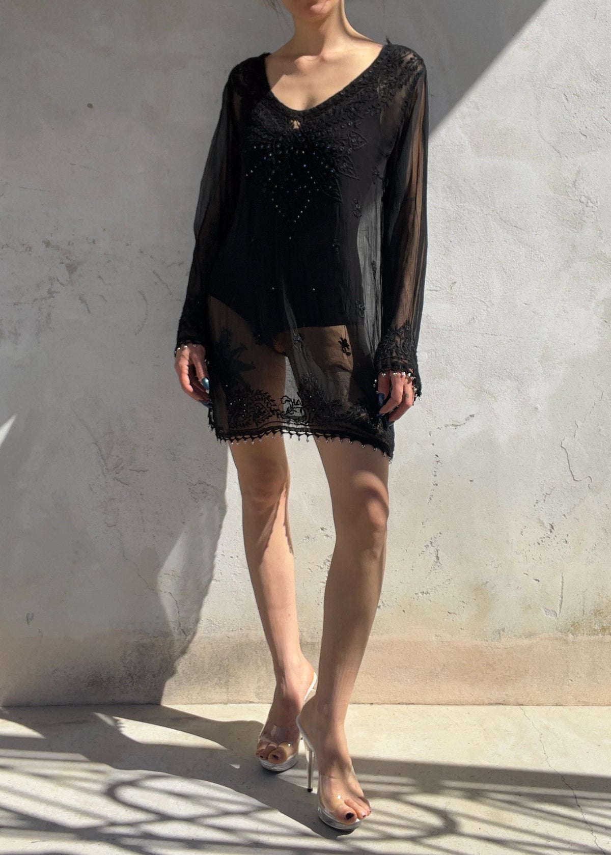 Kaftano Vintage Nero Sheer Ricamato con Perline