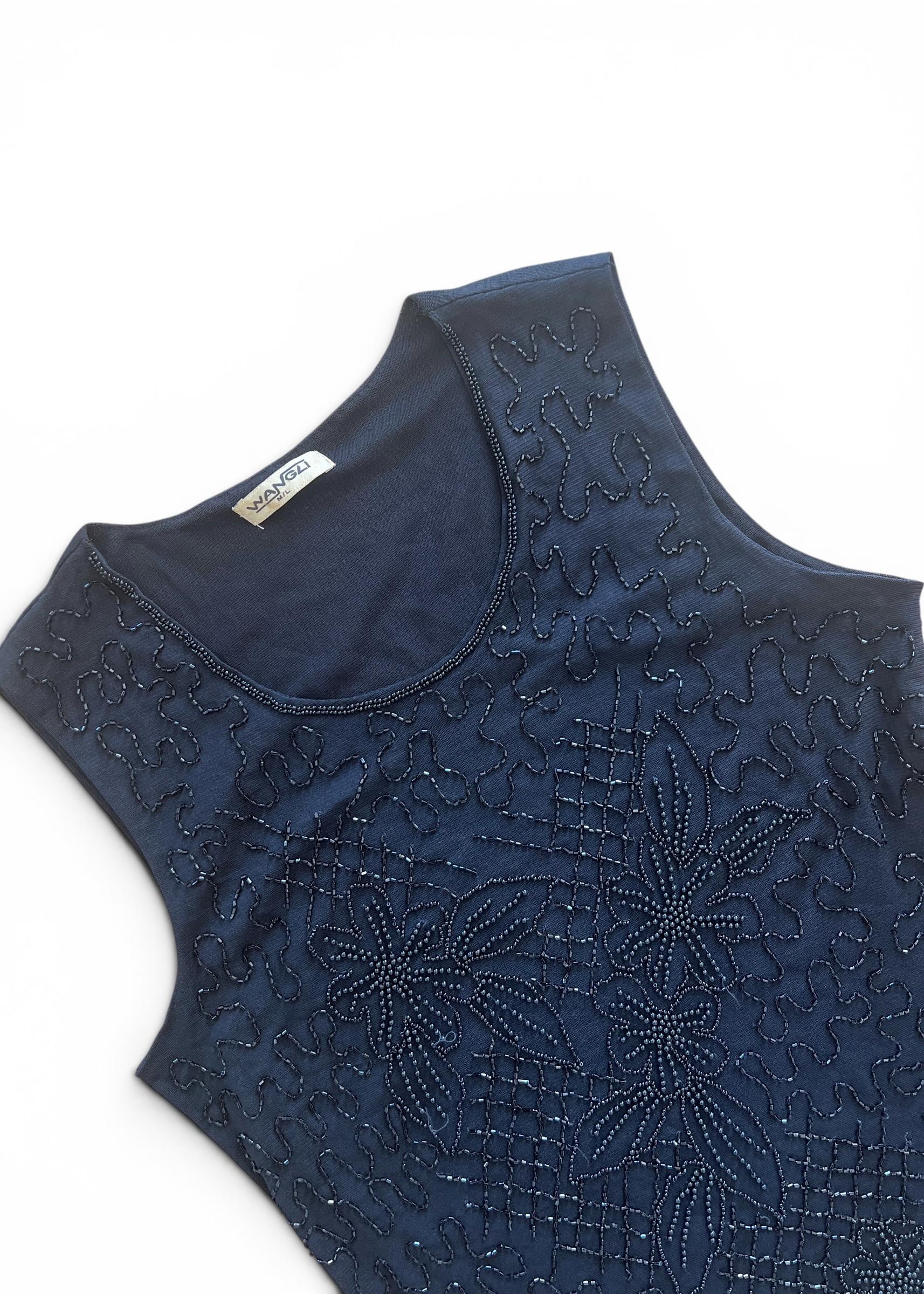 Top Vintage Y2K Nero in Mesh con Microperline