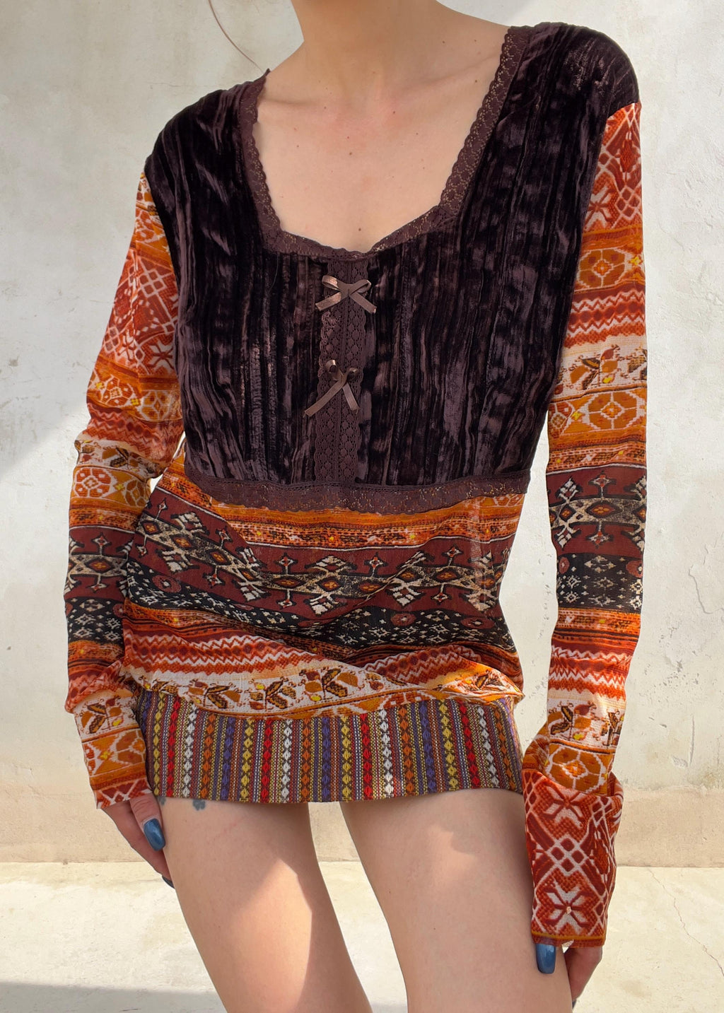 Top Vintage Y2K in Mesh con Velluto Marrone