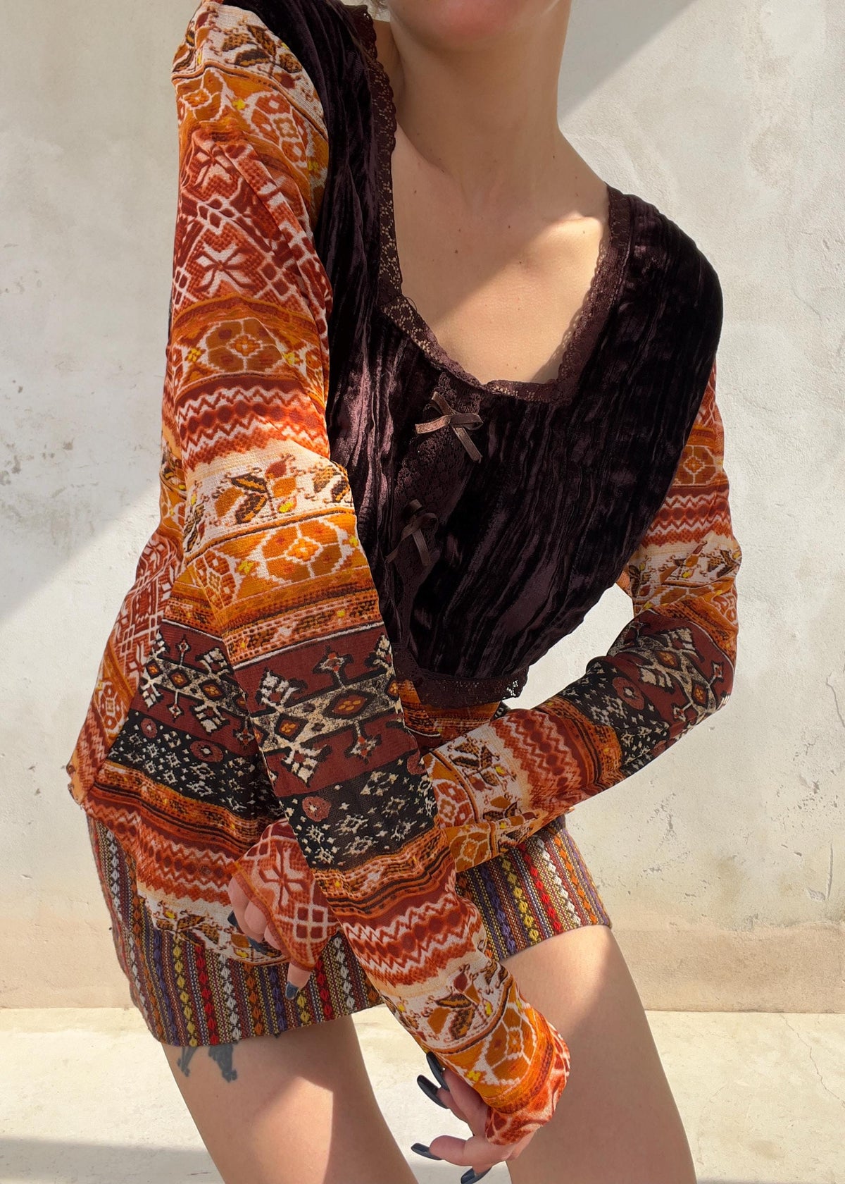 Top Vintage Y2K in Mesh con Velluto Marrone
