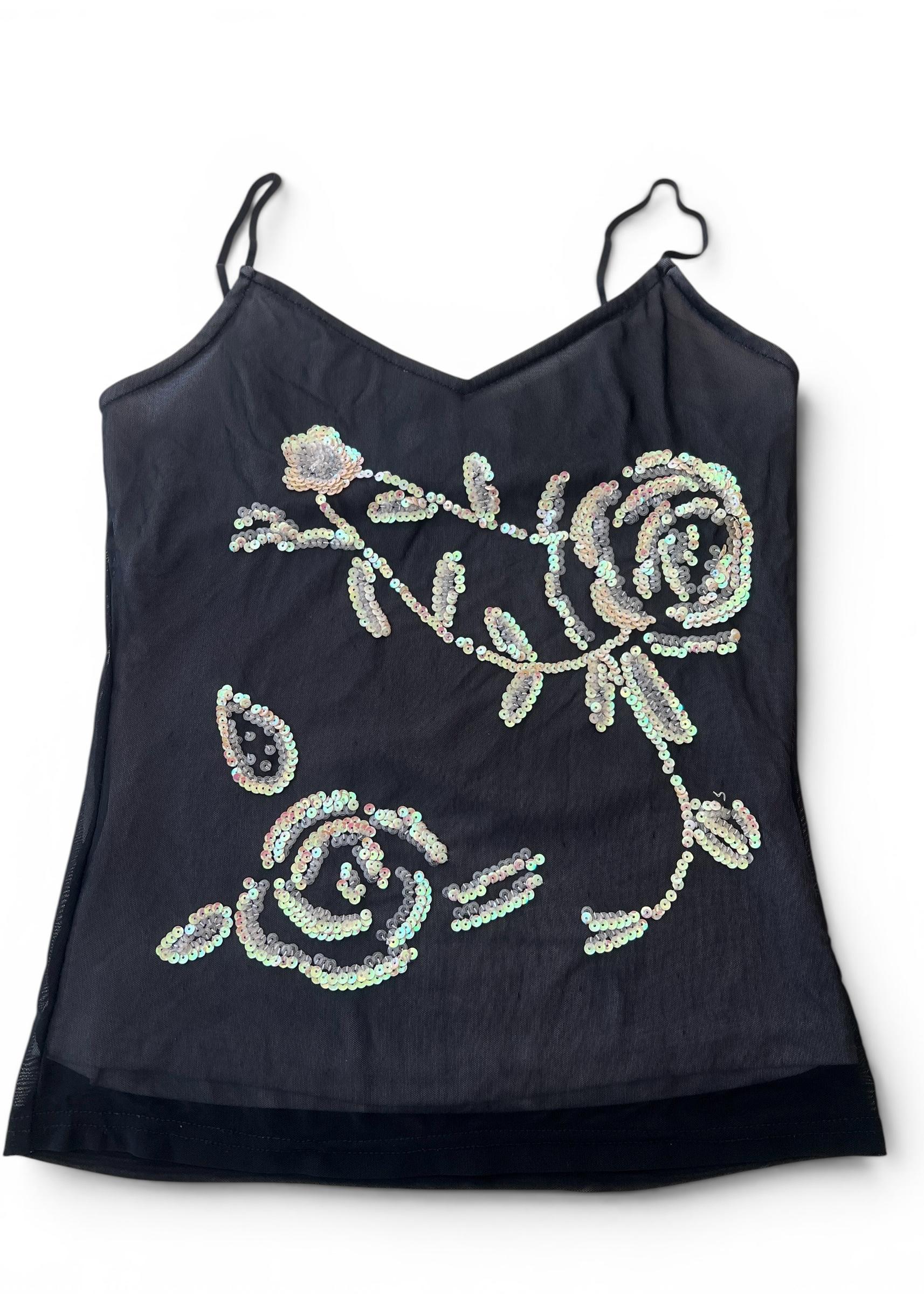 Top Vintage Y2K in Tulle Nero con Paillettes Floreali