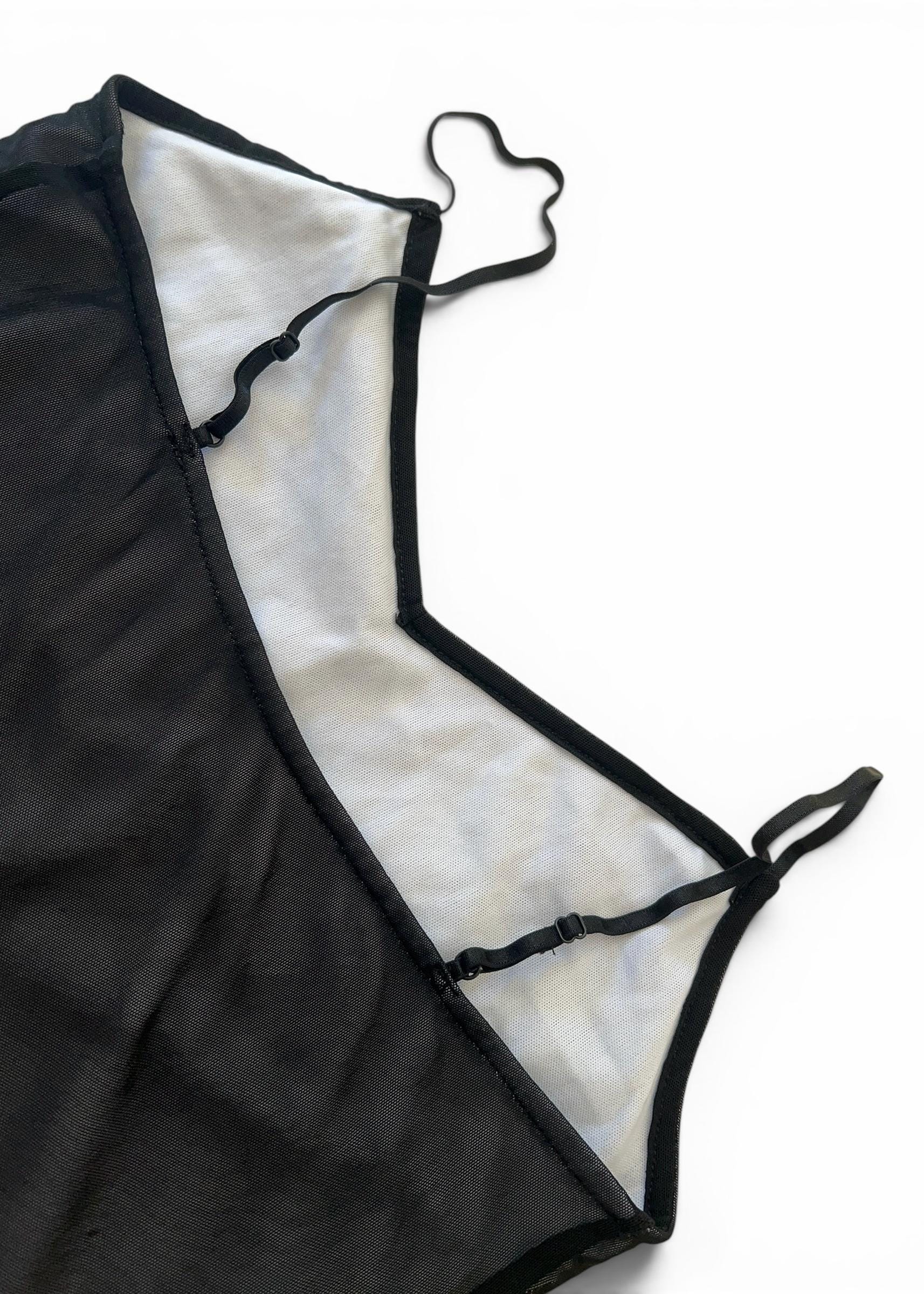 Top Vintage Y2K in Tulle Nero con Paillettes Floreali