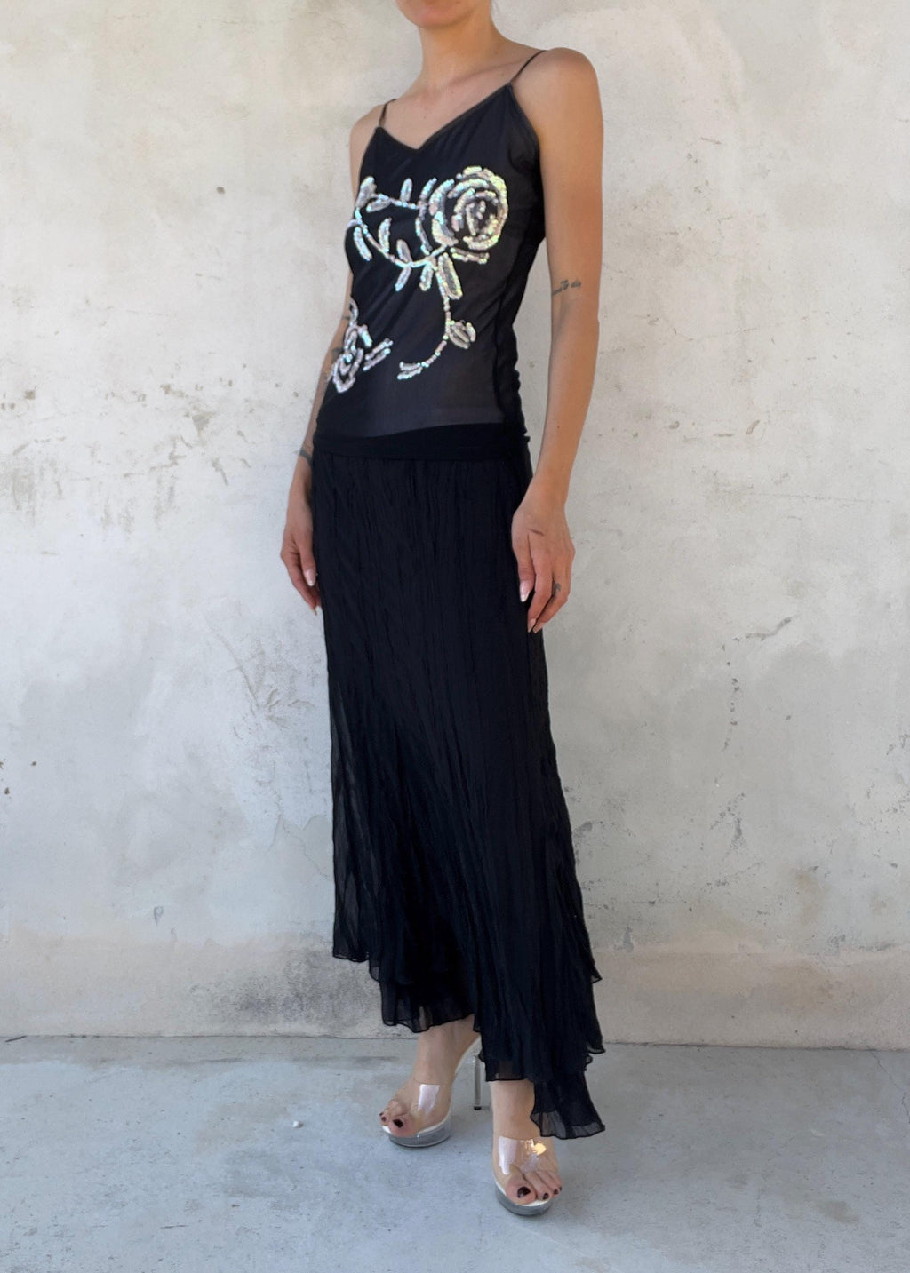 Top Vintage Y2K in Tulle Nero con Paillettes Floreali