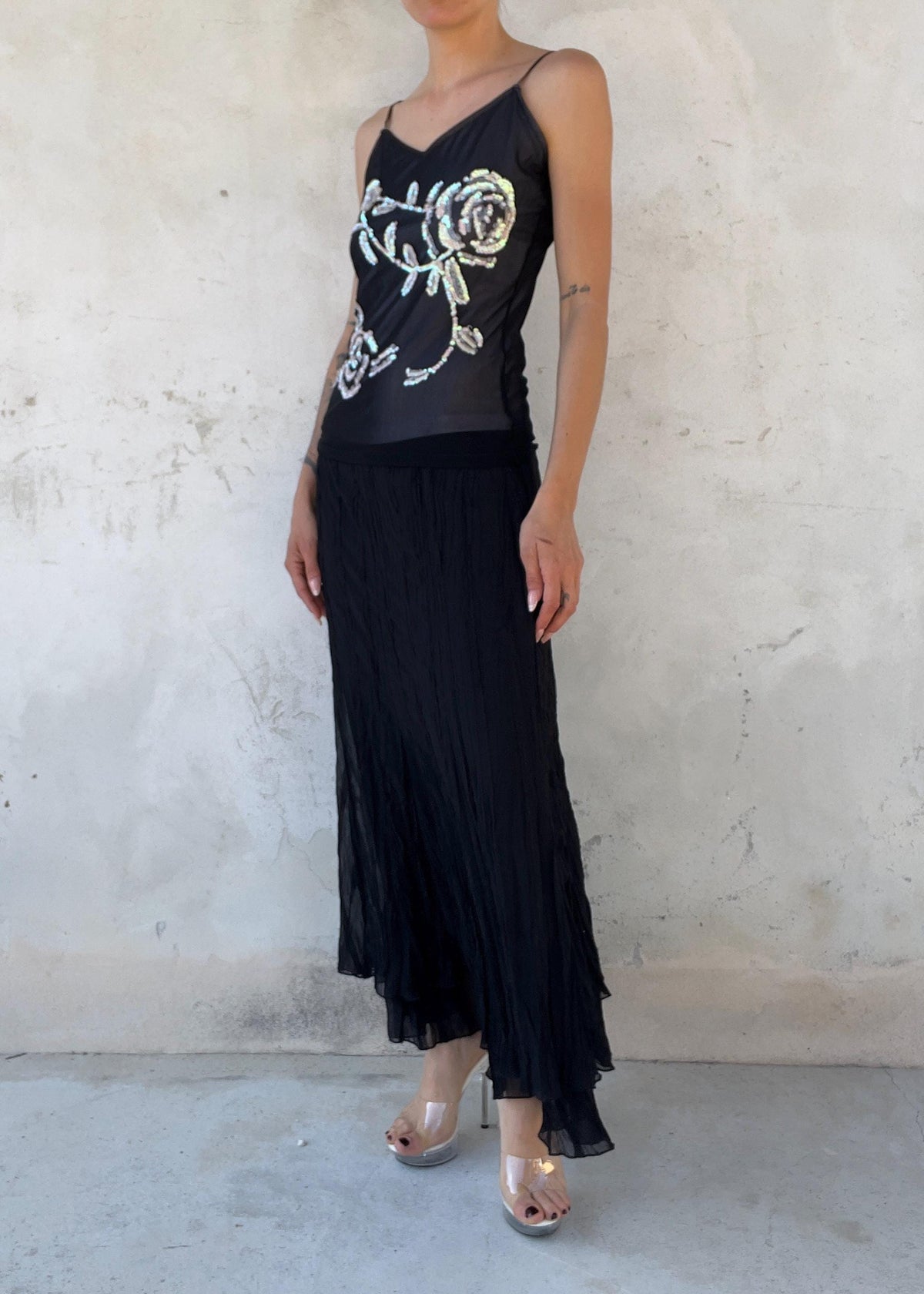 Top Vintage Y2K in Tulle Nero con Paillettes Floreali