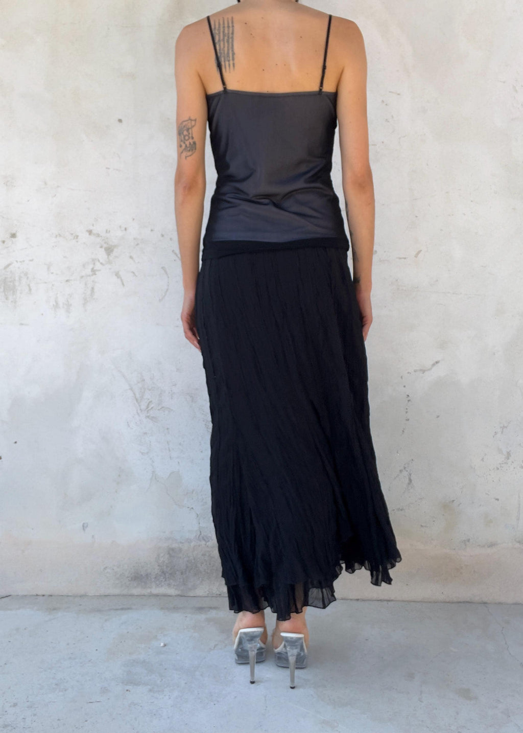 Top Vintage Y2K in Tulle Nero con Paillettes Floreali