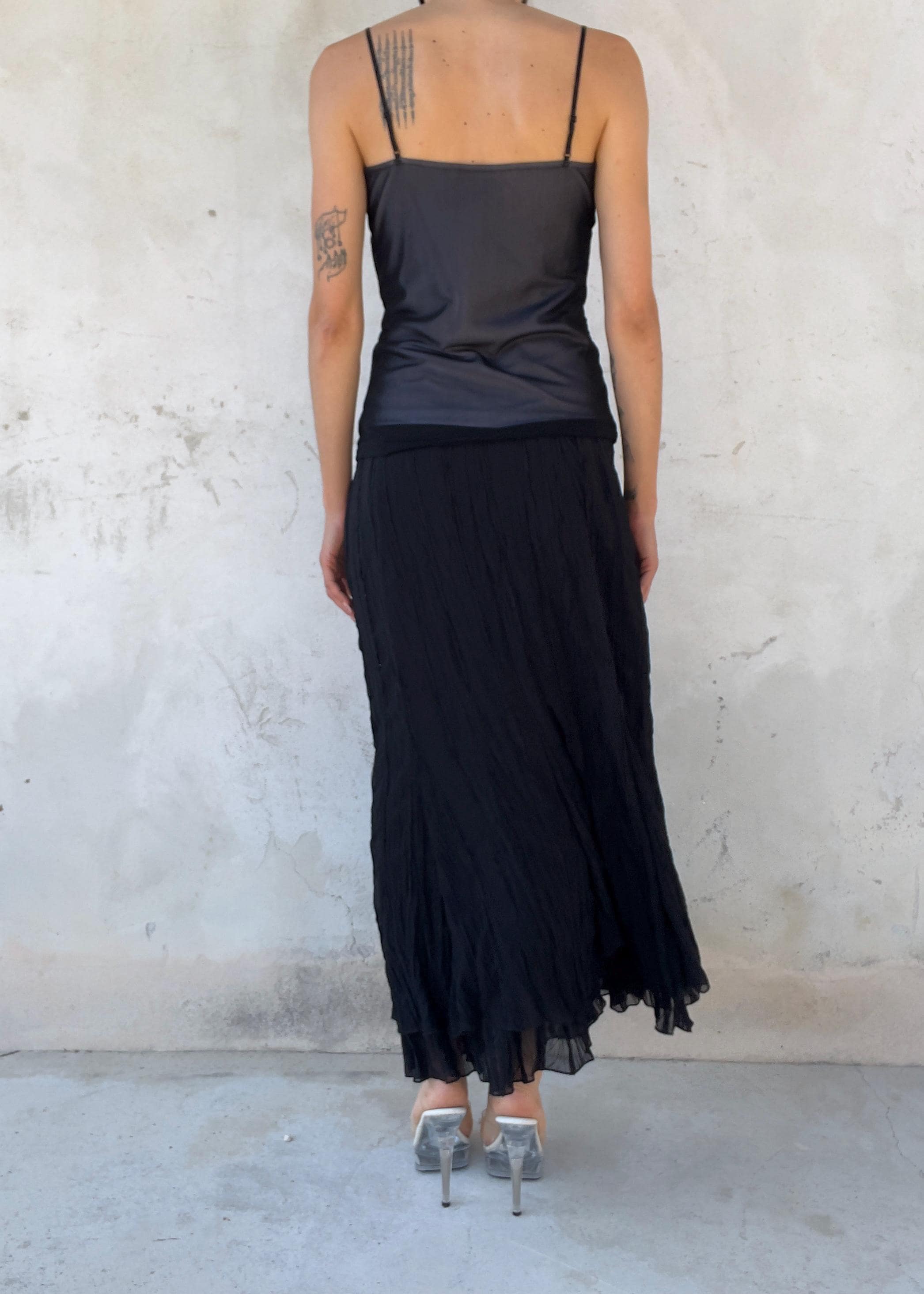 Top Vintage Y2K in Tulle Nero con Paillettes Floreali