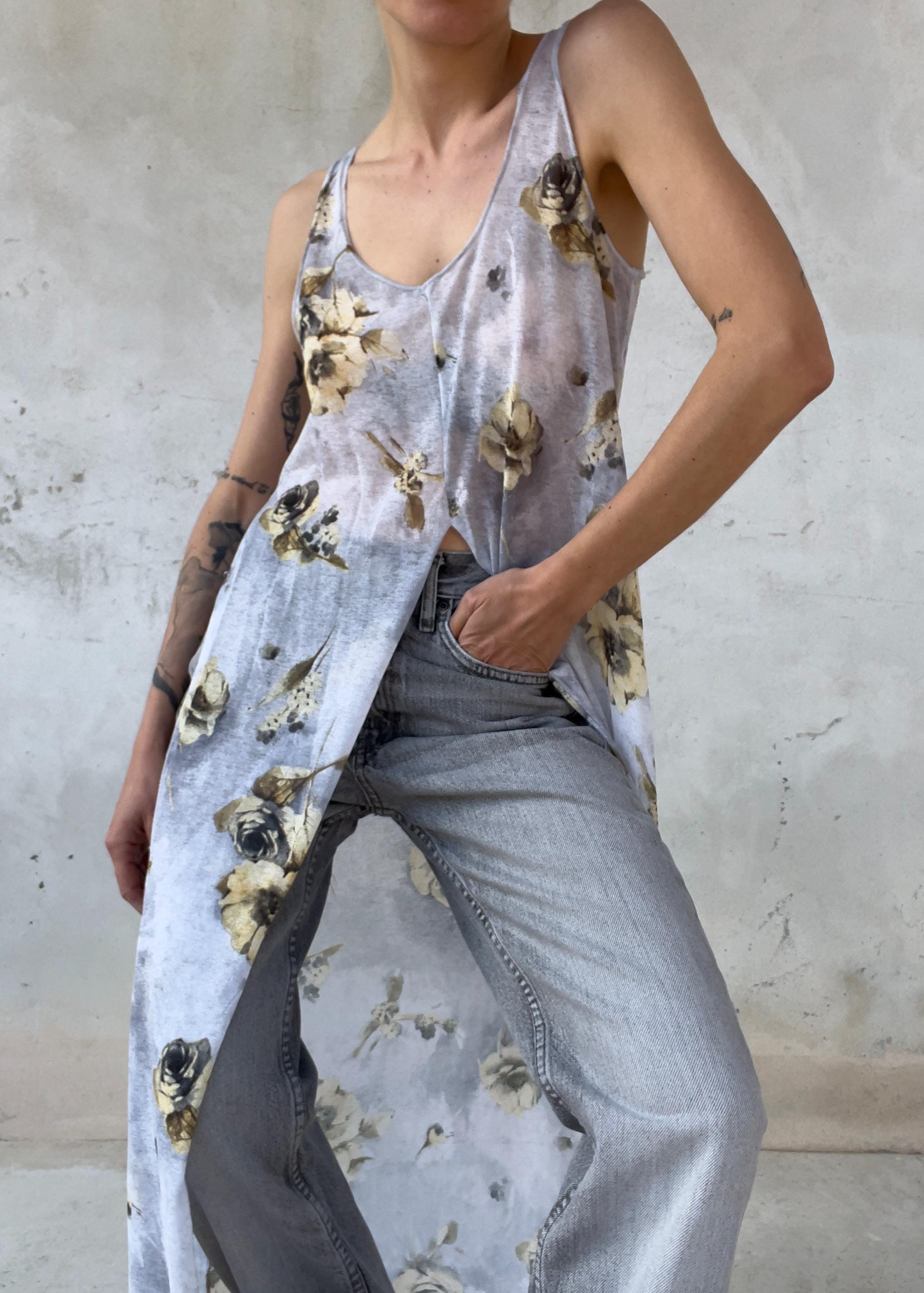 Abito Lungo Vintage Floreale con Spacchi Laterali