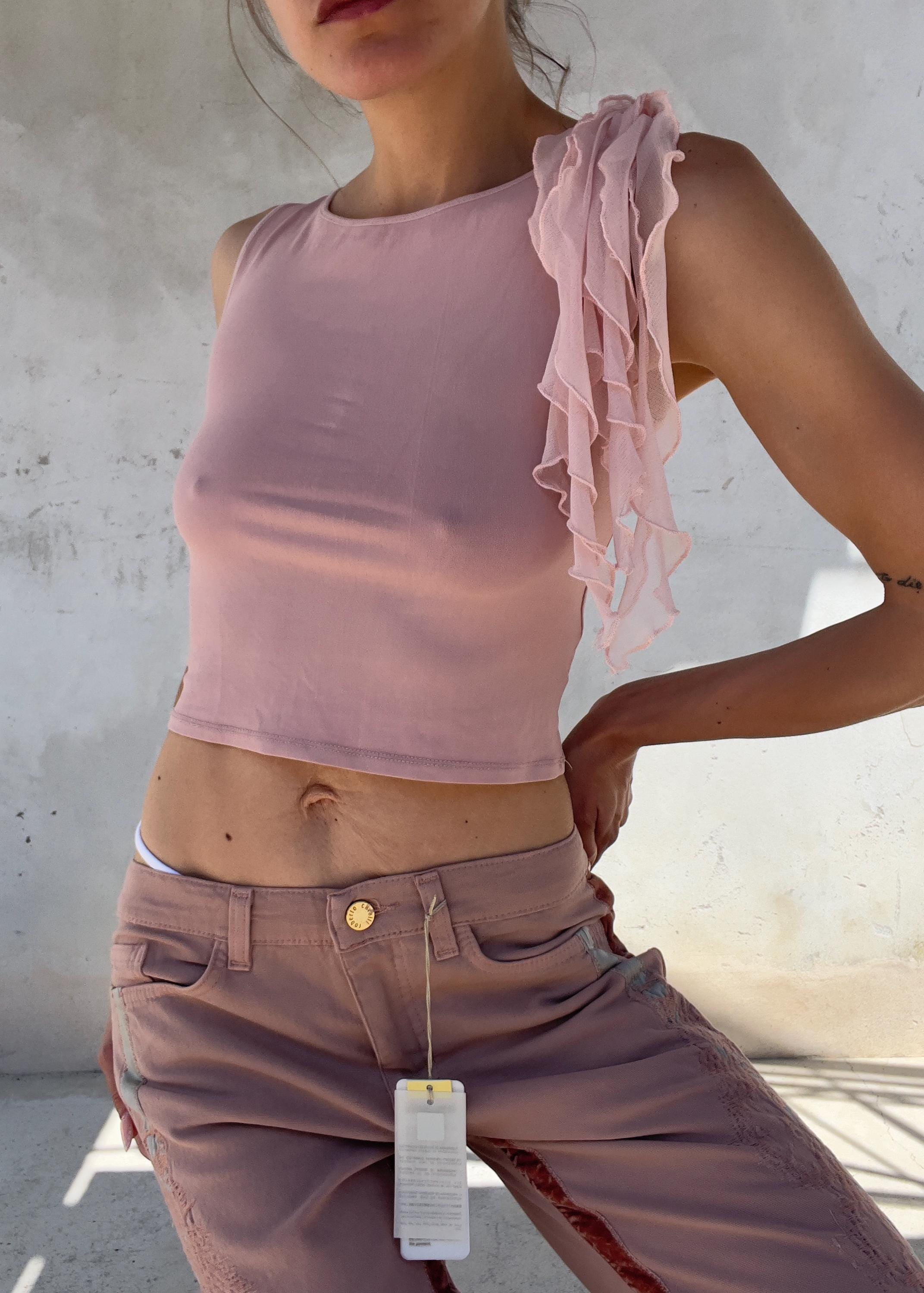 Top Vintage Y2K Rosa Cipria con Rouches in Tulle