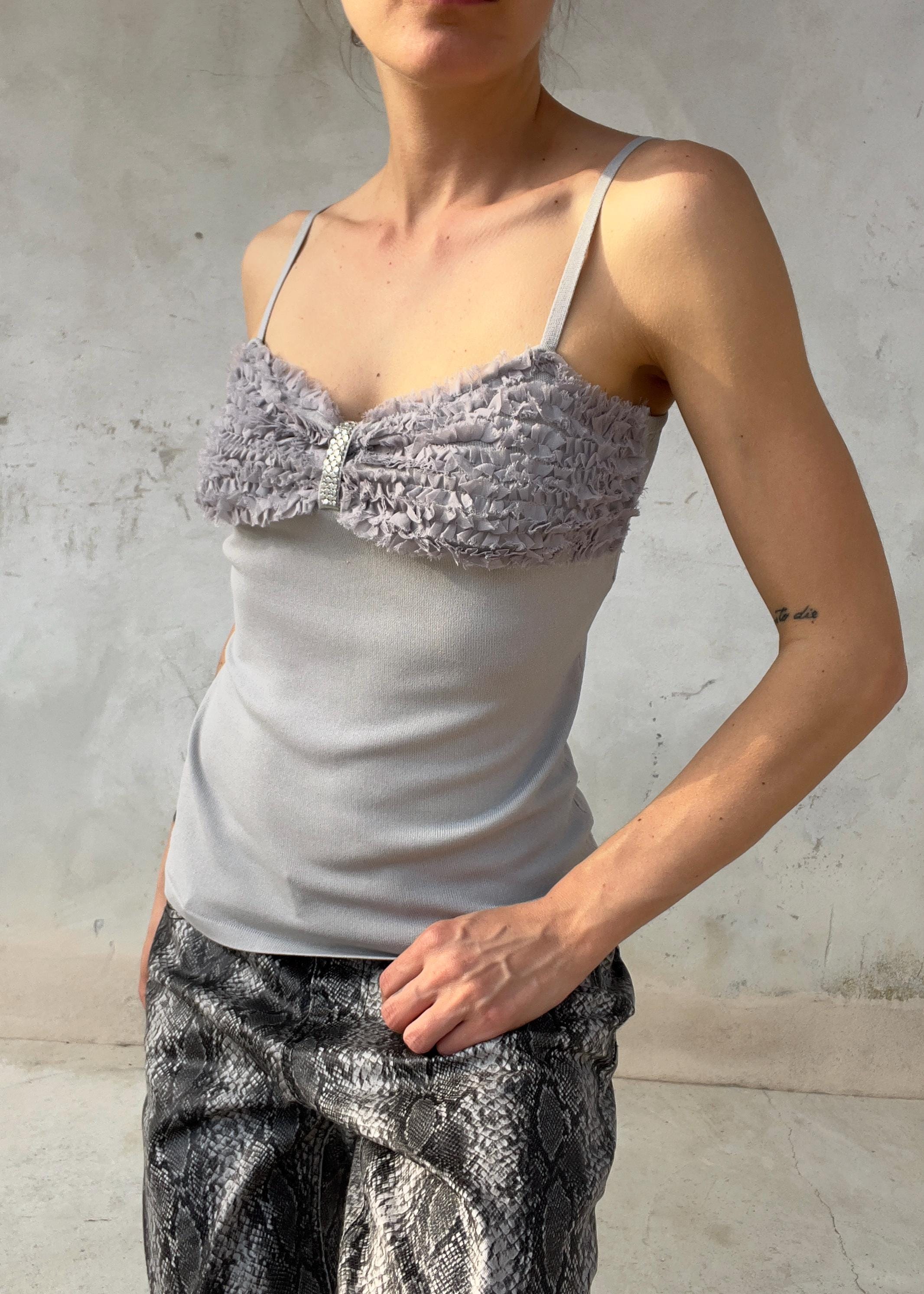 Top Vintage Y2K Grigio con Rouches e Cristalli