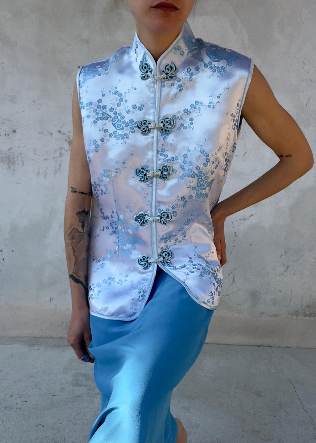 Top Cheongsam Vintage in Misto Seta Azzurro