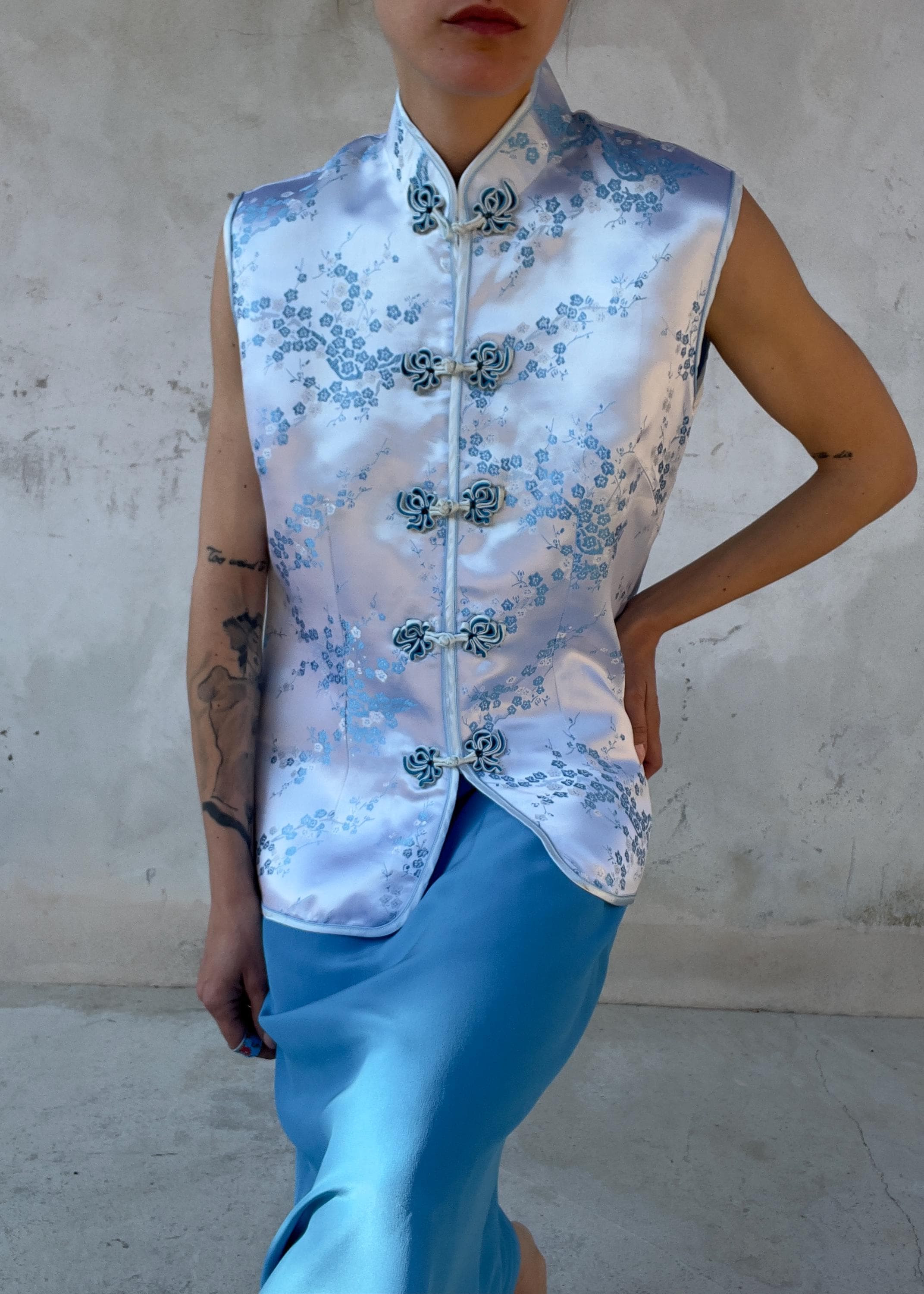 Top Cheongsam Vintage in Misto Seta Azzurro