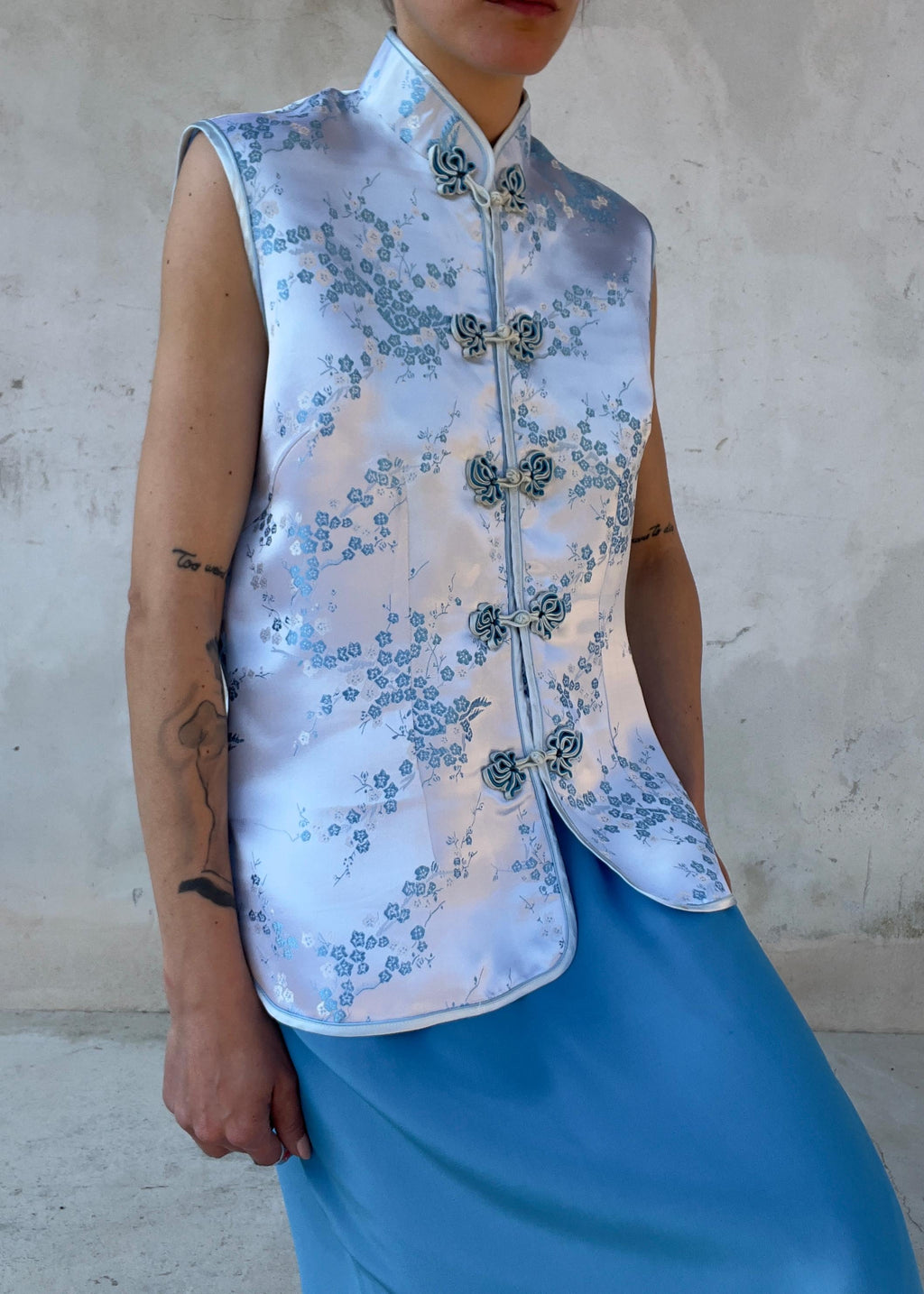 Top Cheongsam Vintage in Misto Seta Azzurro