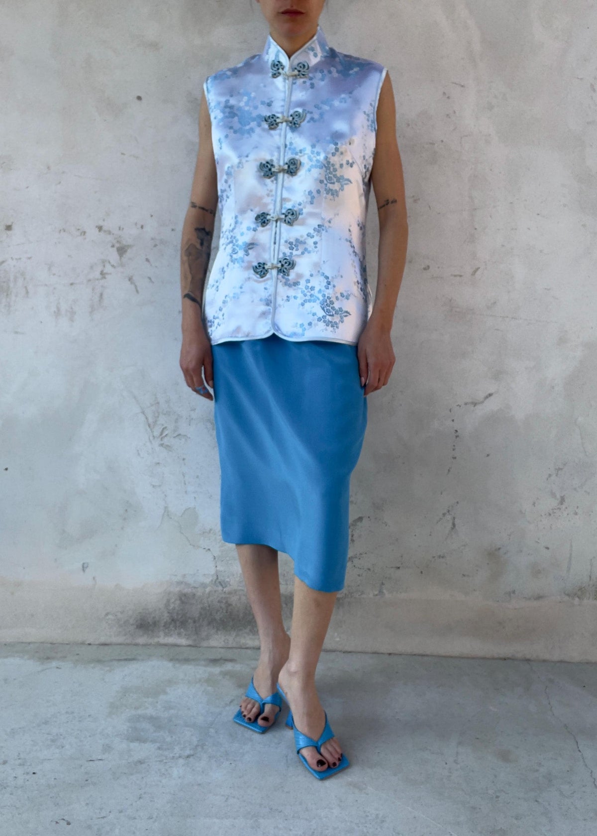 Gonna Midi Vintage 100% Seta Azzurro