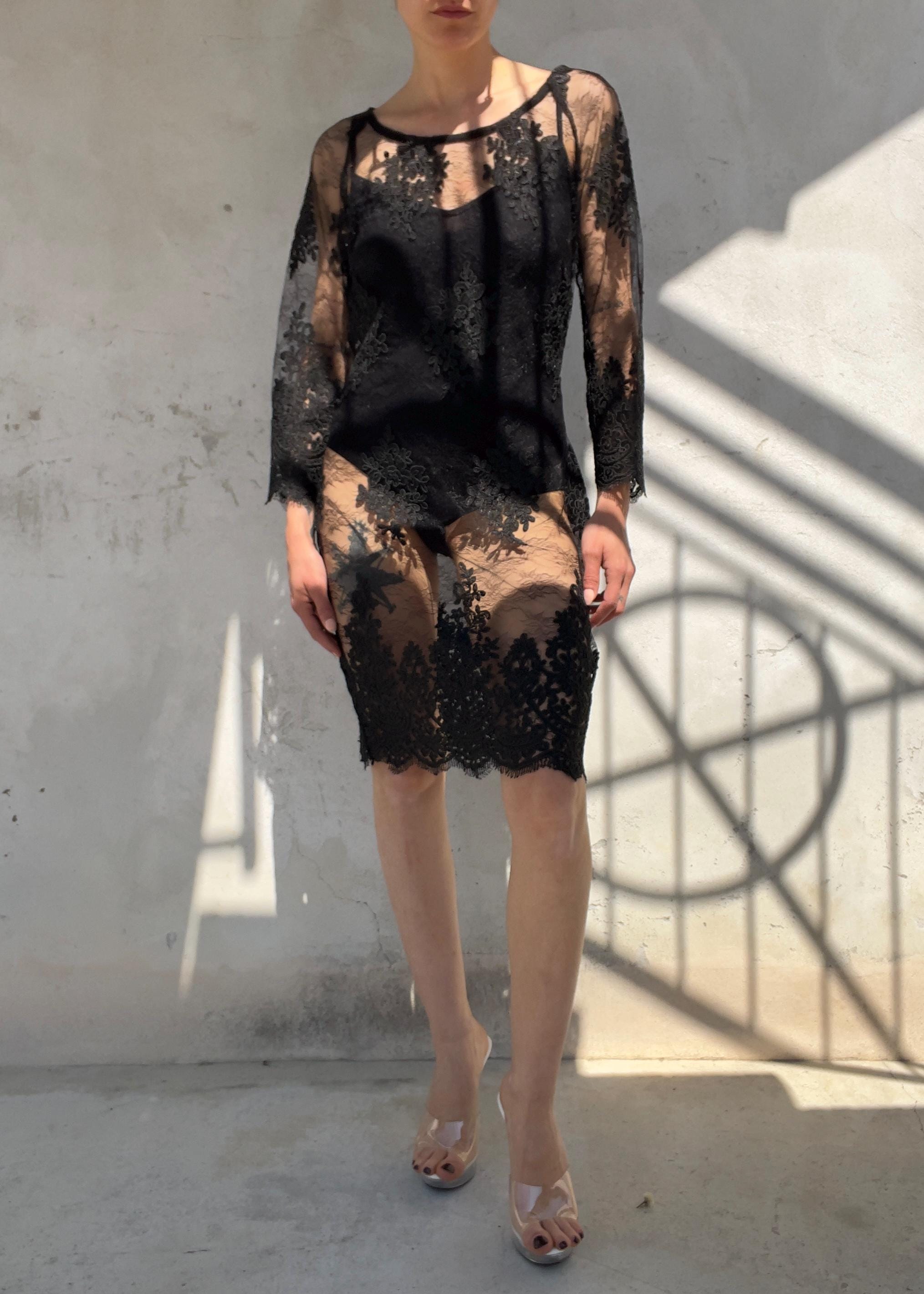 Abito Vintage in Pizzo Nero Trasparente
